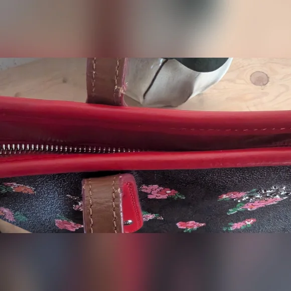 Coach City Tote Brown Leather Signature C Floral Print With Red Trim And Wallet - Picture 6 of 15